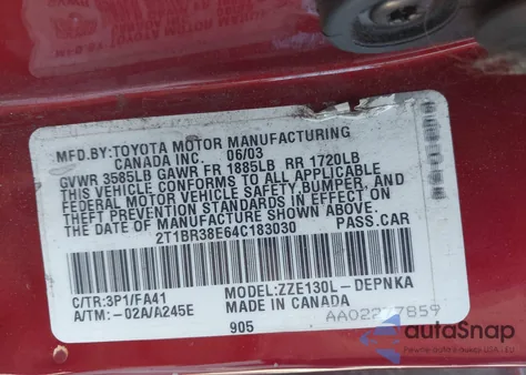 2004 Toyota Corolla Le z USA, uszkodzony, nr VIN 2T1BR38E64C183030